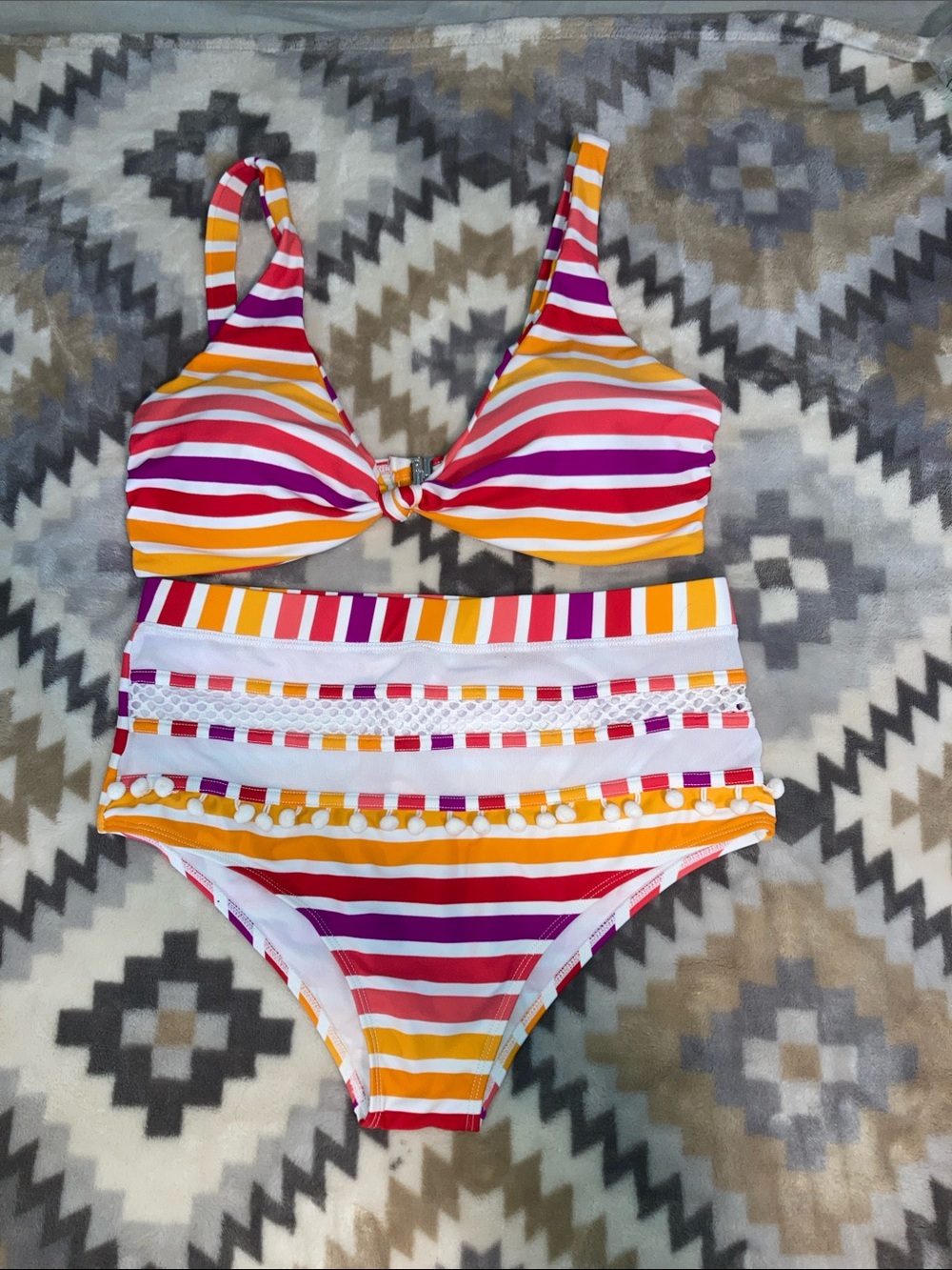 Womens Multicolor Striped Two-Piece Swim Set - Pink, Orange & Yellow